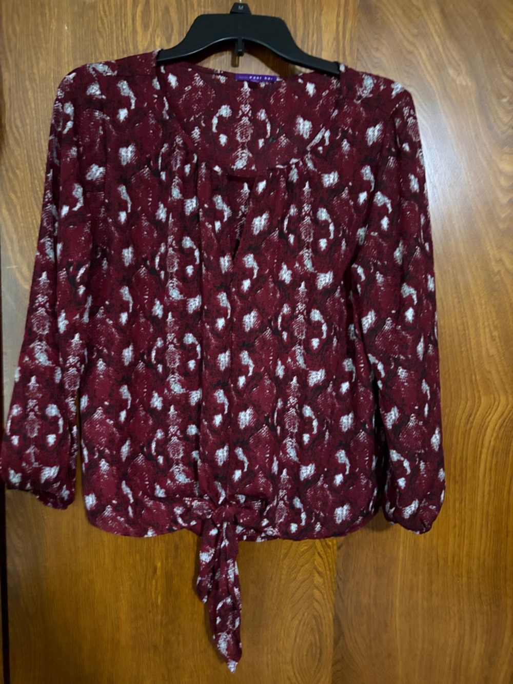 West Kei Burgundy and White Printed Tie-Front Blouse